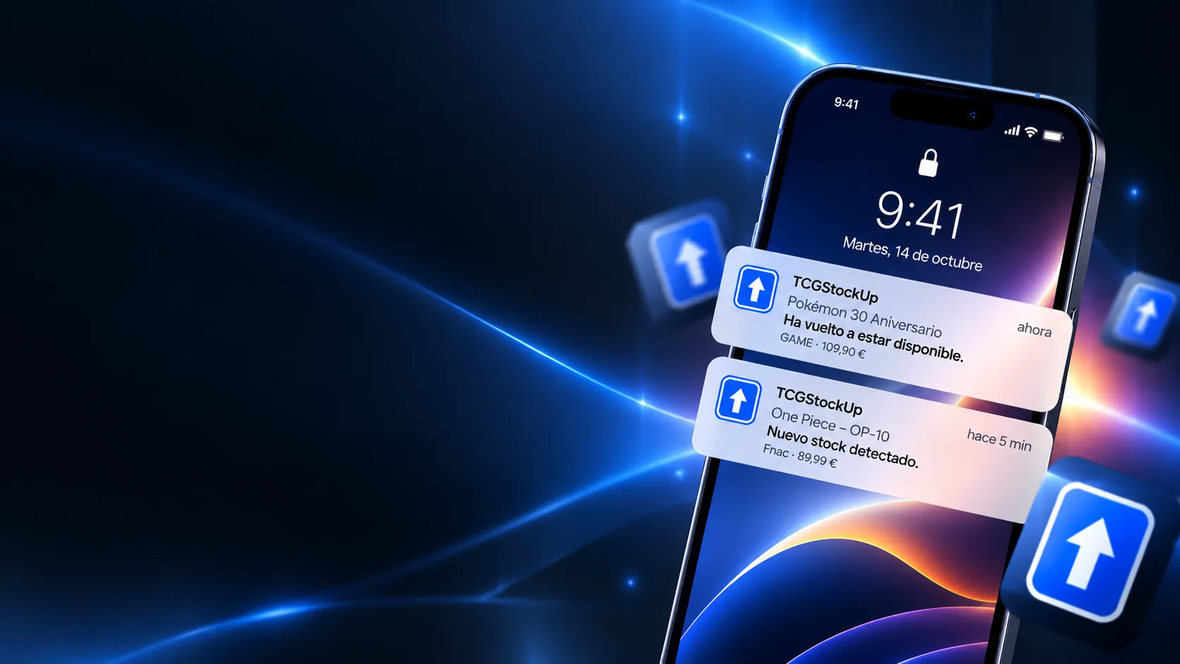 Notificaciones de TCGStockUp en la pantalla de un móvil